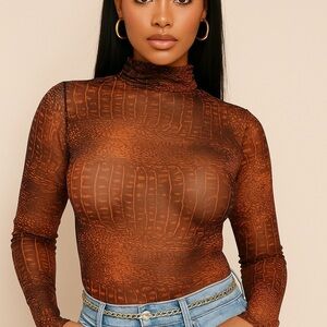 Brown Mock Neck Long Sleeve Top